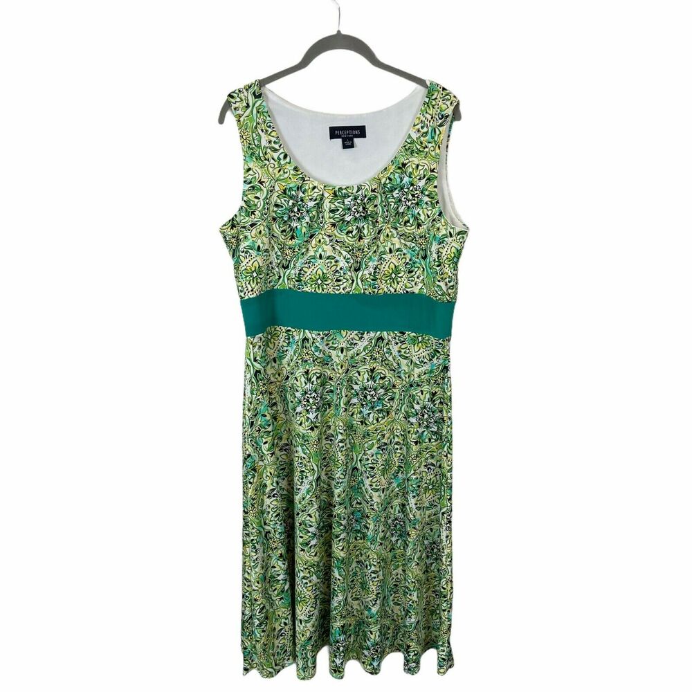 Garden Goddess Dress 90s Perceptions Women's Green Floral Sleeveless Size Large